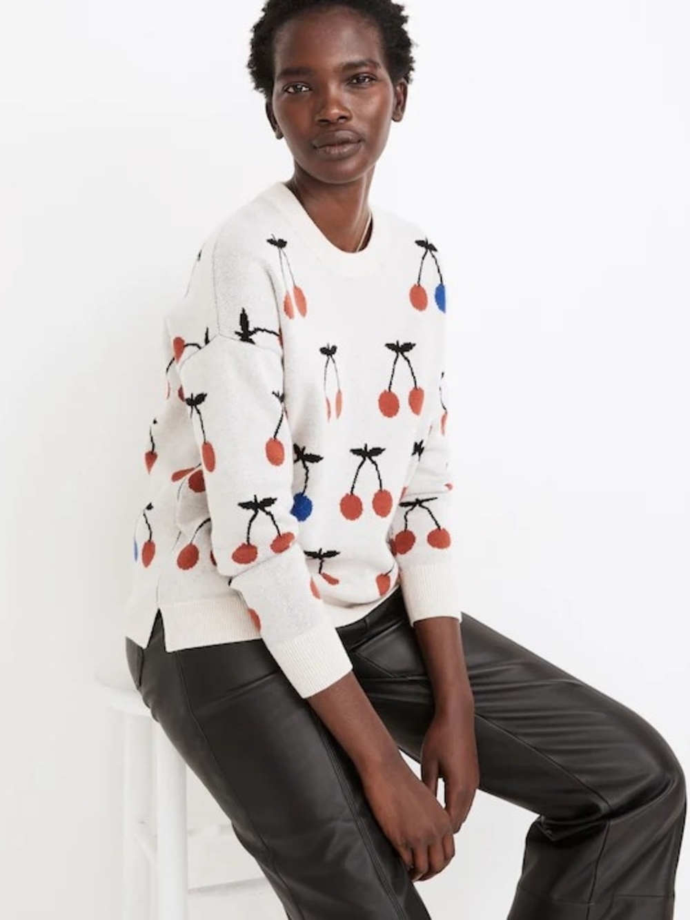 Madewell White Cherry-Print Crewneck Sweater with Red and Blue Accents